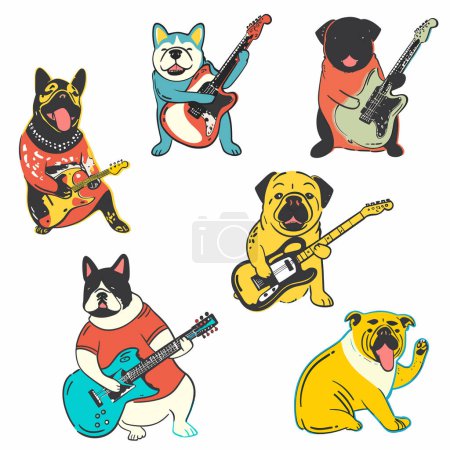 Sechs Cartoon-Hunde mit E-Gitarren, einzigartiges Design. Hunde illustrierten Musiker, Hundeband-Konzept, verspielte Kunstwerke. Zeichentrickdarbietungen, gitarrenspielende Welpen, vibrierende