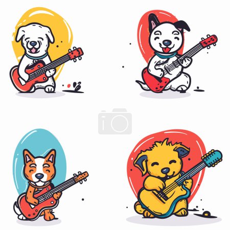 Téléchargez les illustrations : Quatre chiens de dessin animé jouant des guitares acoustiques électriques, thème musical, fond coloré. Heureux personnages canins performants, races variées, instruments de musique, style ludique. Illustration vectorielle - en licence libre de droit