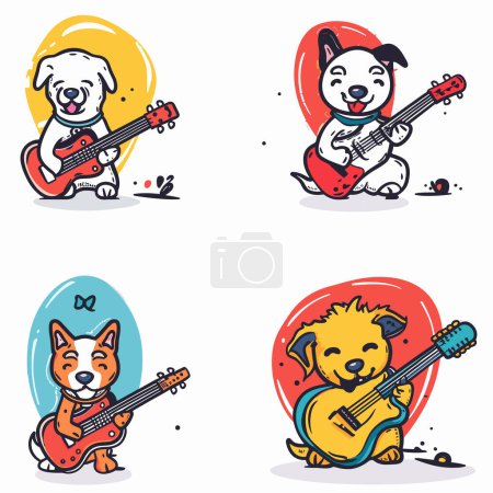 Cuatro perros de dibujos animados tocando guitarras, coloridos personajes de animales musicales. Cute animated dogs instruments, white isolated background, cheerful pets, performing music, illustrated joyful dog band