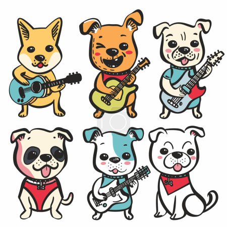 Téléchargez les illustrations : Six chiens de dessin animé jouant de la guitare, des expressions de couleurs distinctes. Premier rang chien jaune, chien orange, guitares pour chiens, souriant, jouant de la musique. Rangée inférieure a rose bleu un autre tout performant - en licence libre de droit