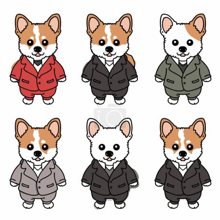 Six cartoon corgis dressed business suits standing. Different color suits, red, black, green, gray, brown. Cute corgi characters, professional attire, cartoon style