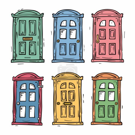Puertas coloridas conjunto de mano, verde, azul, rojo, rosa, amarillo, naranja. Vintage diseños de puertas de madera estilo de dibujos animados aislado fondo blanco. Quirky doodle puertas delanteras coloridas, elementos arquitectónicos