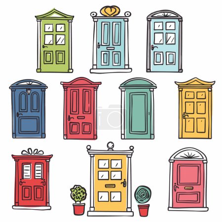 Colorful vector illustration various front doors representing different house entrances. Nine unique designs doors, colorful, outline style, plants nearby. Handdrawn cartoon doors collection, bright