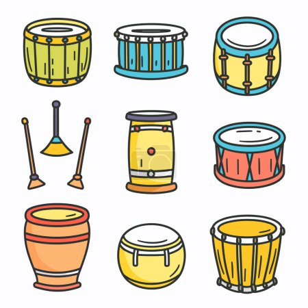 Téléchargez les illustrations : Collection instruments de percussion colorés, y compris les tambours, bongos, pilons, tambour unique conçu différents modèles de couleurs. Illustration de style bande dessinée projets musicaux idéaux - en licence libre de droit