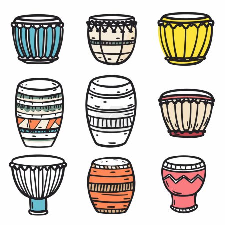 Téléchargez les illustrations : Collection divers tambours dessinés à la main instruments de musique ethniques. Instruments de percussion colorés isolé fond blanc. Ensemble de tambour décoratif, concept de musique traditionnelle - en licence libre de droit