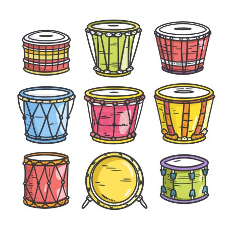 Variety colorful cartoon drums handdrawn isolated. Assorted percussion instruments design vibrant colors. Collection drum icons flat style musical equipment