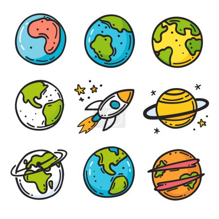 Colorful space icons set including variety planets rocket cartoon style. Planets different colors, patterns suggesting land water, stars dot background. Rocket orange flame, Saturnlike planet rings
