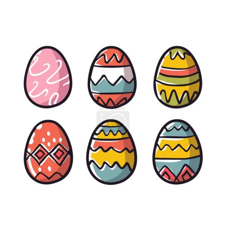 Six decorated Easter eggs colorful patterns isolated white background. Cartoon style Easter eggs festive designs celebration. Handdrawn egg collection doodle art seasonal decoration