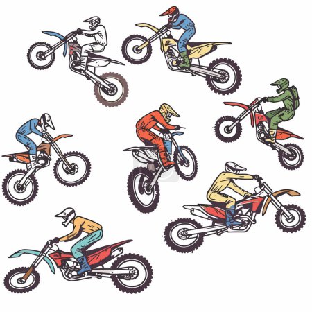Six motocross exécutant des cascades vélos de saleté, portant des casques combinaisons. Illustration colorée sport automobile action, différentes poses midjump. Caricature de course de motocross, expressions dynamiques