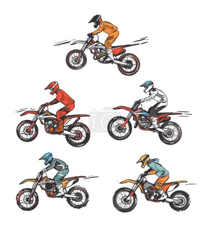 Seis motocross riders realizando acrobacias motocicletas, carreras, acción llena de ilustración deportiva. Trajes de jinete multicolor, cascos, poses dinámicas, líneas de velocidad, tema de automovilismo, estilo dibujado a mano