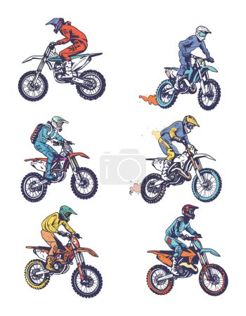 Motocross riders realizar saltos trucos motos de tierra, jinete lleva cascos coloridos equipo de protección. Bicicletas en el aire contra el fondo blanco aislado, mostrando acrobacias de moto dinámicas