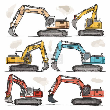 Six different colored excavators illustrate construction equipment diversity. Handdrawn style presents machinery beige, yellow, blue, red. Industrial vehicles designed digging showcase tracks