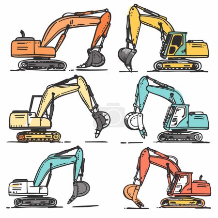 Set six colorful excavator illustrations, handdrawn various poses equipment attachments. Construction machinery, cartoonstyle graphics, no people, isolated white background. Collection heavy duty