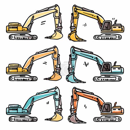 Colorful excavators cartoon set, construction heavy machinery. Six different styles crawler excavators, vibrant construction equipment. Handdrawn style machinery, site vehicles