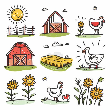 Set de gribouillis dessinés à la main avec éléments de la ferme, grange joyeuse, soleil souriant, poulet blanc, canard, fleurs, champ. Représentation iconique simple et conviviale de la vie rurale, de l'agriculture, des griffes agricoles