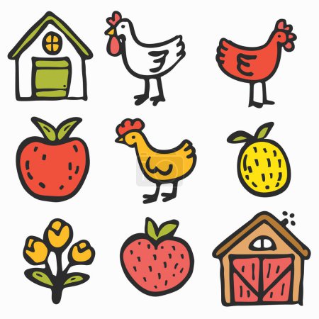 Handdrawn farm elements set, colorful sketch style. Chickens, fruits, flower doodles, toylike barn illustrations. Simplified cartoon rendering countryside objects, bright primary colors