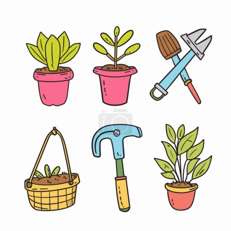 Handdrawn garden tools plants set, featuring potted foliage, gardening equipment colorful illustration. Pink pots contain green leafy plants, blue trowel, brown broom crossed, yellow basket bulbs
