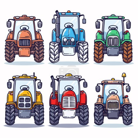Illustration for Six colorful tractors, cartoon style, farming equipment. Set agricultural machinery, front view, colorful designs. Red, blue, green, yellow farm tractors, isolated white background - Royalty Free Image