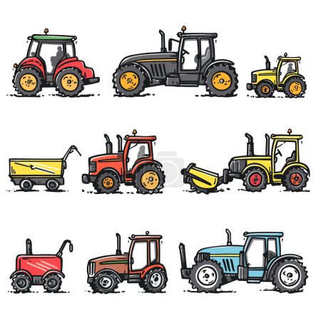 Téléchargez les illustrations : Divers tracteurs colorés remorque, représentation de dessin animé, machines agricoles. Différents modèles de tracteurs agricoles, vue latérale, design stylisé, pas de fond. Ensemble de véhicules agricoles, dessinés à la main - en licence libre de droit