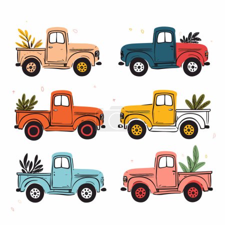 Colección coloridas camionetas vintage llevando plantas, estilo dibujado a mano, fondo blanco aislado. Seis vehículos retro varios colores brillantes follaje de nuevo, caprichosa ilustración vectorial. Caricatura