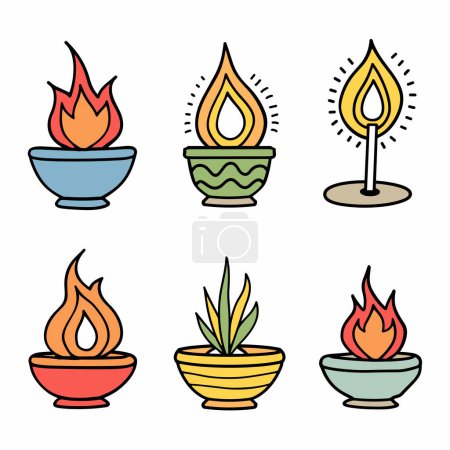 Illustration for Six colorful bowls, containing fire flames, one plant, others candle oil lamp illustrations. Varied flame designs, cartoonish simplistic, isolated white background. Bright colors, decorative - Royalty Free Image