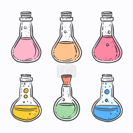 Colorful handdrawn science flasks containing vibrant liquids, suggesting chemistry research experiments. Cartoonstyle glassware illustration, representing laboratory equipment, suitable educational