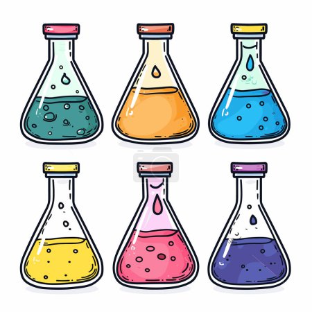 Ilustración de Coloridos frascos de laboratorio llenaron varios químicos ilustración estilo caricatura. El equipo científico utilizó experimentos representados, colores líquidos vibrantes. Artículos de vidrio hechos a mano fines educativos - Imagen libre de derechos