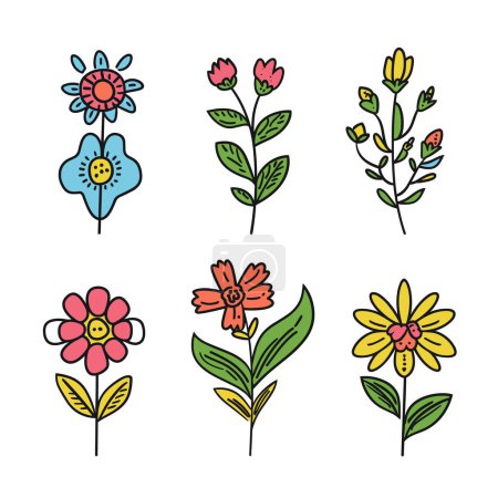 Six colorful handdrawn flowers, whimsical floral designs, isolated white background. Cartoon flowers leaves, cheerful nature icons, bright colors, doodle art. Playful botanical illustration, simple