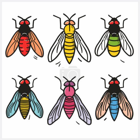 Sechs bunte Cartoon-Bienen ordneten zwei Reihen, drei Säulen. Leuchtende Farben, künstlerisch kindlicher Stil, vielfältige Bienenmuster. Set stilisierte Bienen, lebendige Farbtöne, fliegende Insekten Thema