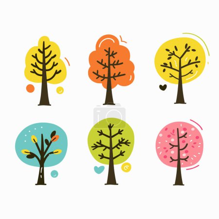 Illustration for Six stylized trees represent different seasons times whimsical, colorful design. Simplified tree shapes differ foliage color, pink blossom autumnal orange bare winter silhouettes against pastel - Royalty Free Image