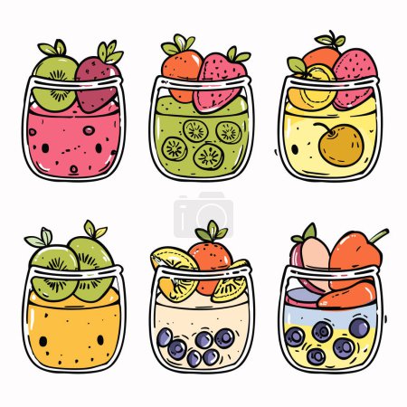 Tarros de cristal de batidos de frutas coloridas dibujadas a mano, cubiertas de frutas frescas vibrantes, estilo lindo garabato. Concepto de estilo de vida saludable, ilustraciones de bebidas de jugo, bebidas brillantes de verano, variedad de frutas. De moda