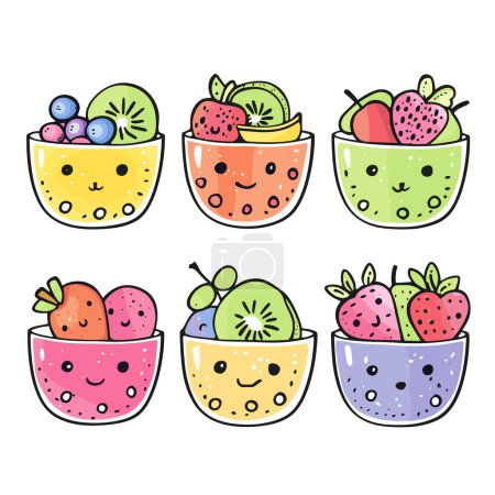Coloridos cuencos de frutas cuenco caras felices tiene diferentes expresiones de carácter de fruta. Kawaii estilo frutas ojos bocas lindas ilustraciones de alimentos. Seis cuencos que varían combinaciones de expresiones faciales