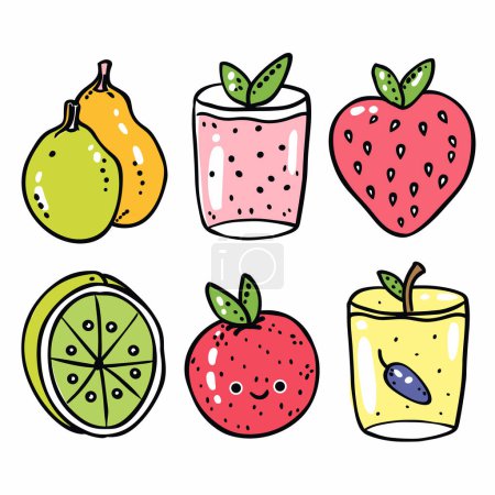 Colorful fruit characters smiling, cute animated fruits, happy fruit illustrations. Lemon, pear, strawberry, lime, apple, smoothie leaves detailed, cartoon imagery. Isolated white background fruits