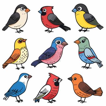 Coloridos pájaros de dibujos animados que enfrentan varias direcciones, plumaje vívido, personajes aviares alegres. Animales emplumados brillantemente ilustrados, tema de ornitología, trazos simples, estilo de dibujos animados artísticos