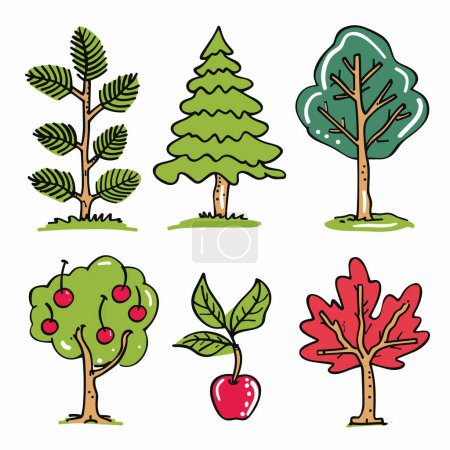 Illustration for Set six cartoon trees, various species, colorful design. Handdrawn evergreen, fruit tree, apple attached. Bright colors, green leaves, red apples, simple style, vector illustration - Royalty Free Image