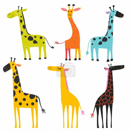 Six colorful cartoon giraffes, playful illustration, different patterns colors. Childfriendly graphics, giraffes unique designs, vibrant tones, cheerful expressions. Cute animals, kids decoration