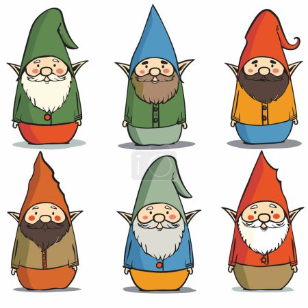 Six gnomes de dessins animés rangées disposées, des tenues colorées uniques chapeaux. Les nains affichent des expressions gaies, de longues barbes, des oreilles pointues, gnome se tient isolé fond blanc ombrage simple lignes épurées