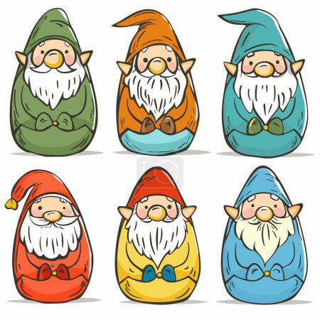 Set six nains de jardin colorés, chapeaux distincts barbes, fantaisie fantaisiste illustration. Personnages nains de bande dessinée rouge, vert, bleu, tenue orange, joyeuse collection de gnomes magiques. Chiffres gnome mignon