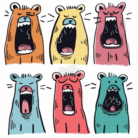 Illustration for Six cartoon bears different expressions, colors, creative kids illustration. Bears roaring, funny bear faces, cute handdrawn bear characters. Vibrant, playful, animal emotion depiction, stylized art - Royalty Free Image