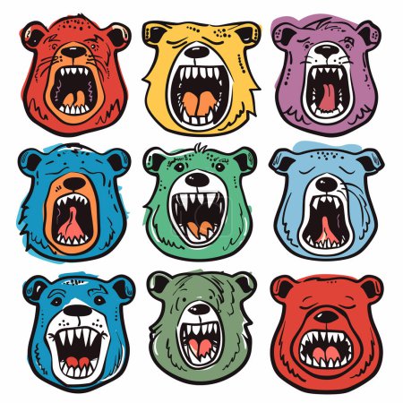 Nine cartoon bear faces expressing aggression displayed three rows, bear design distinct, featuring various colors red, yellow, green, blue. Furious cartoon characters snarl showing sharp teeth