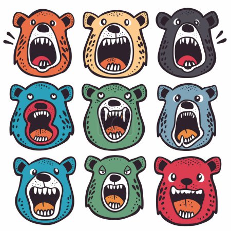 Téléchargez les illustrations : Définir neuf visages d'ours de bande dessinée affichant diverses expressions. émoticônes animaux colorés gamme en colère, criant, effrayé, gai. Les têtes d'ours stylisées utilisent une palette limitée, unshaded, design plat - en licence libre de droit