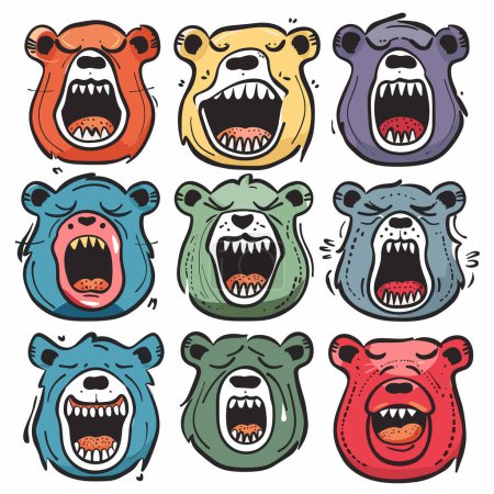 Téléchargez les photos : Neuf visages d'ours de bande dessinée exprimant différentes émotions à travers des bouches ouvertes de couleurs variées. Les ours montrent les couleurs orange, jaune, violet, bleu, vert, rouge. Dessin animé ours expressions féroces, stylisé - en image libre de droit