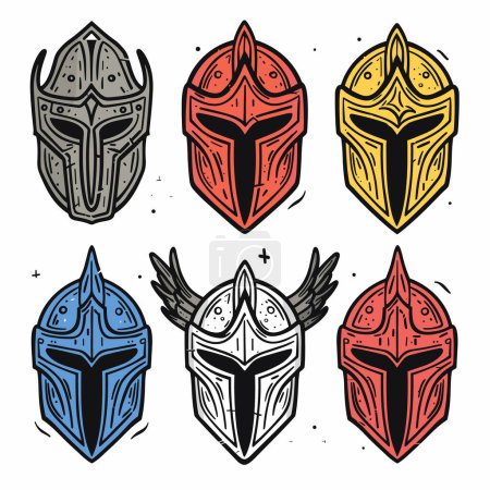 Collection colorful warrior helmets design, medieval knight headgear battle, fantasy gaming icons. Handdrawn helmet illustrations, set six different color schemes styles roleplaying. Graphic element
