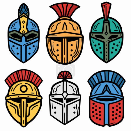 Sechs verschiedene mittelalterliche Ritterhelme illustrierten lebendige Farben, Helm verfügt über einzigartige Designs Federn Wappen. Sammlung historischer Rüstungscharakter