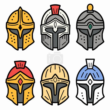 Illustration for Set colorful knight helmets vector illustration isolated white background. Medieval armor headgear collection, different designs cartoon style. Six fantasy warrior helmets, roleplaying game icons - Royalty Free Image