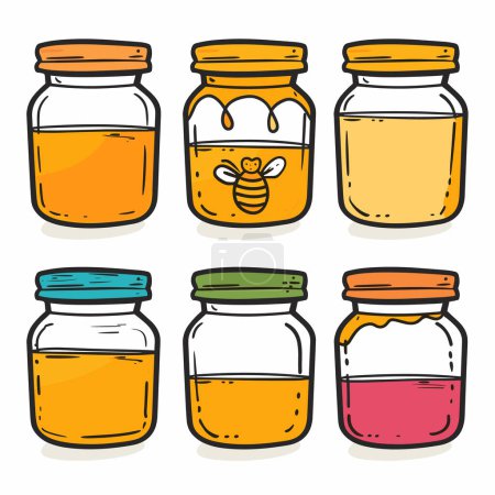 Ilustración de Seis tarros de miel varios colores tapas estilo de dibujos animados aislado fondo blanco. Tarro medio decorado abeja linda, frasco inferior derecho contenido mixto rosa capas amarillas. Ilustración artesanal tarros de miel - Imagen libre de derechos