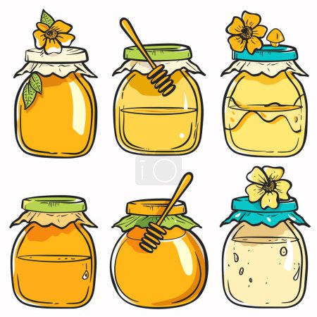 Six jars honey vector illustration, handdrawn style, colorful, glass jars fabric lids, honey drippers, orange liquid, floral decorations, spread graphic set showing various jars, sweet golden honey