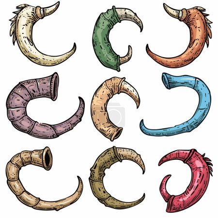 Illustration for Collection colorful handdrawn horns various shapes colors, artistic sketch style, fantasy mythical creature concept. Horns different styles character design cosplay ideas, multicolored, isolated - Royalty Free Image