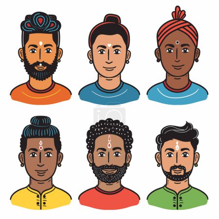 Illustration for Six diverse Indian men portraits, man wears traditional headgear, bindi mark forehead, ethnic attire, headshot showcases unique hairstyle, bearded facial expression, colorful clothing representing - Royalty Free Image