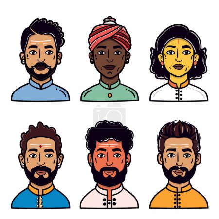 Illustration for Set diverse Indian avatars, six people portraits, men women, different hairstyles, traditional modern attire. Ethnic Indian characters, bright colors, smiling, facial features, headshot, cultural - Royalty Free Image